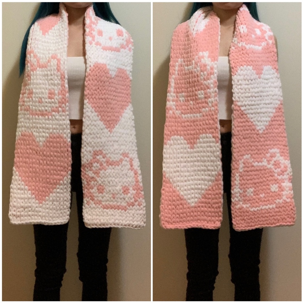 Handknit Pink White Heart Hello Kitty Chunky Chenille Knit Scarf Handmade Y2k